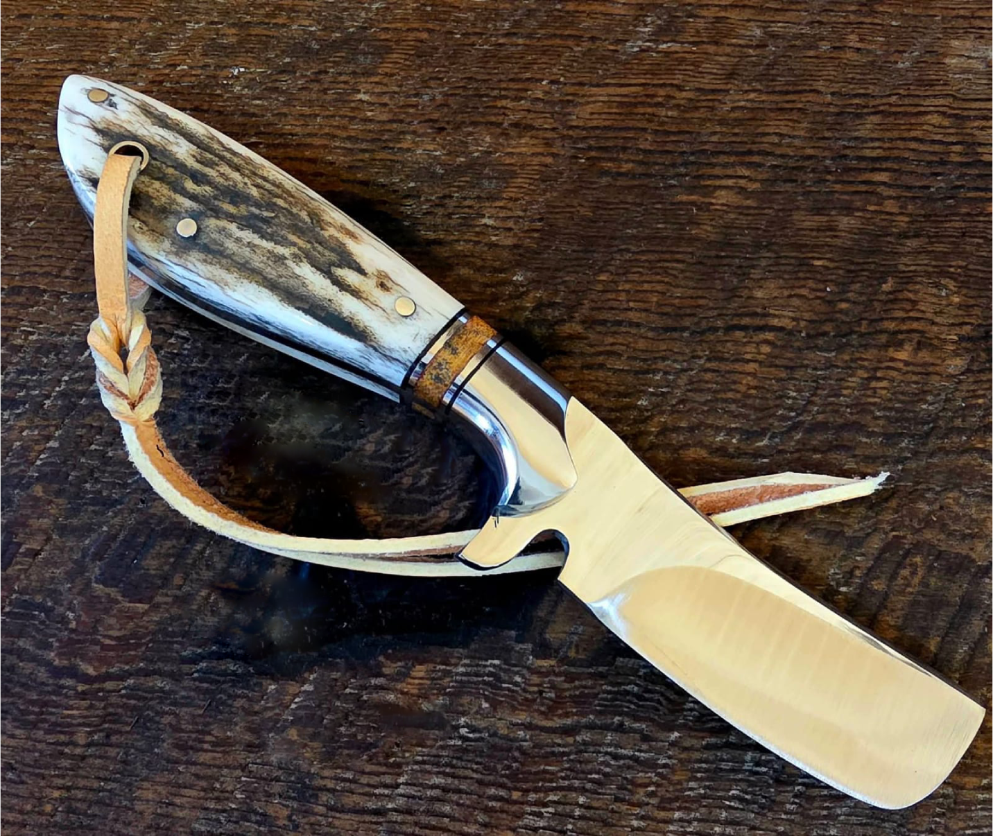 8" Custom Handmade Hunting Skinner Knife - Real Stag Antler Handle with Premium Leather Cross-Draw Pancake Sheath, Fixed Blade EDC