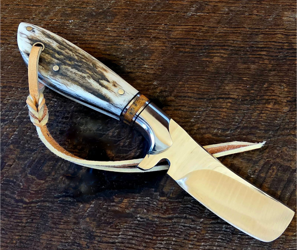8" Custom Handmade Hunting Skinner Knife - Real Stag Antler Handle with Premium Leather Cross-Draw Pancake Sheath, Fixed Blade EDC