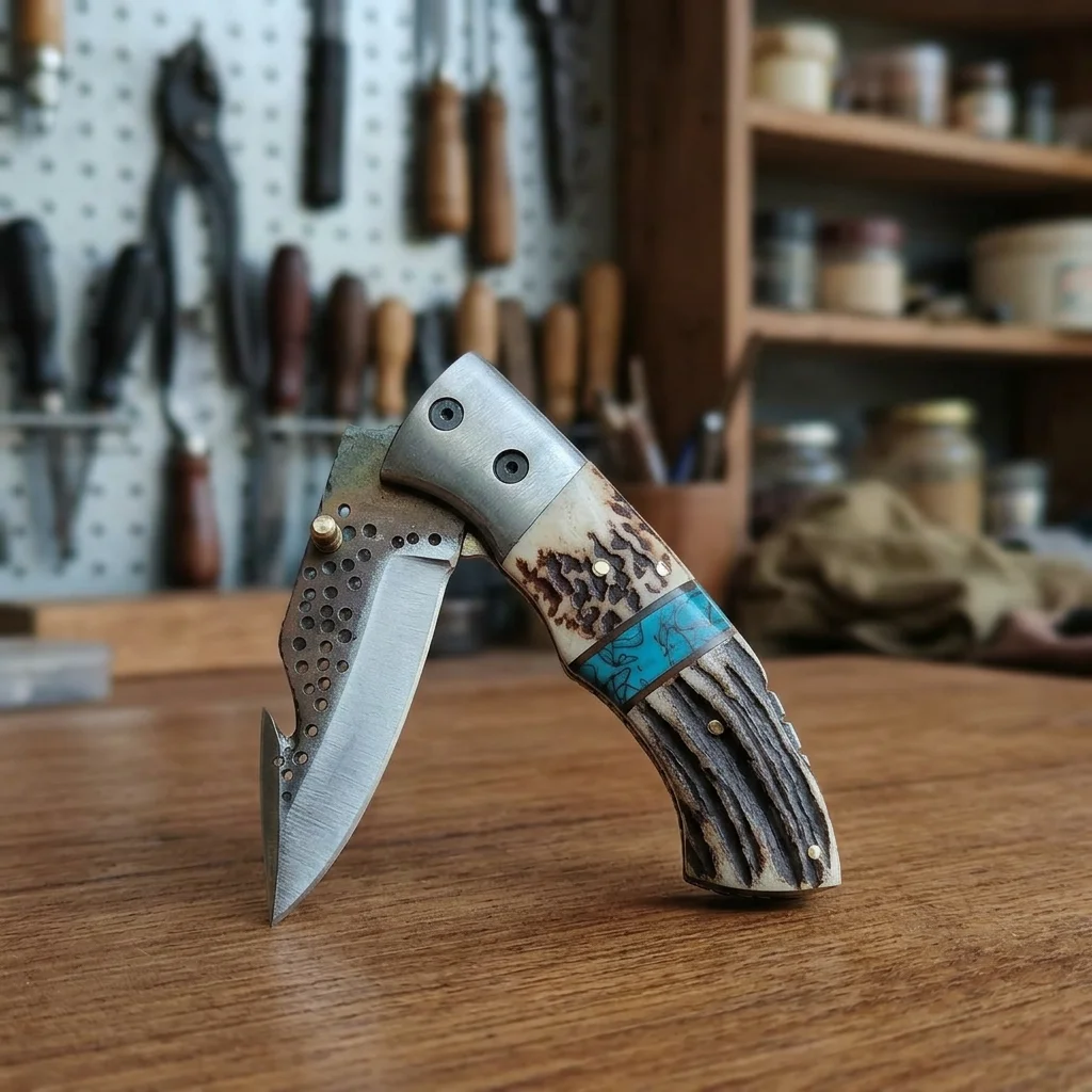 Handmade Custom Folding Pocket Knife – Genuine Stag Antler & Turquoise Inlay Handle