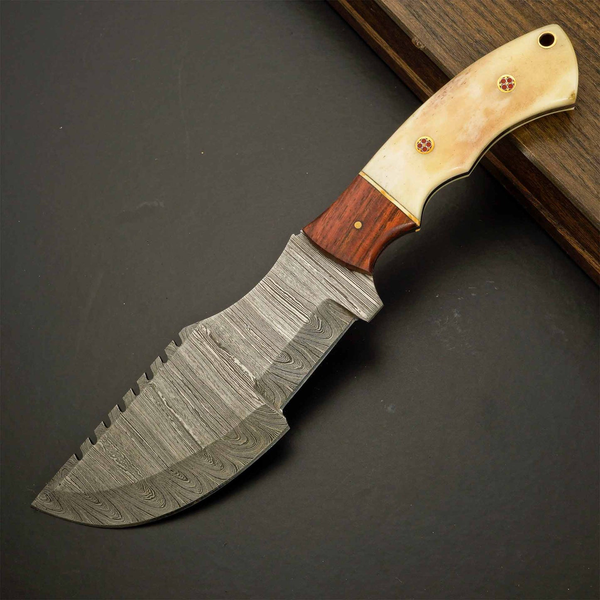 Custom Handcrafted Damascus Steel Tracker Knife – Fixed Blade Hunting & Tactical Knife with Bone/Wood Handle and Mosaic Pins
