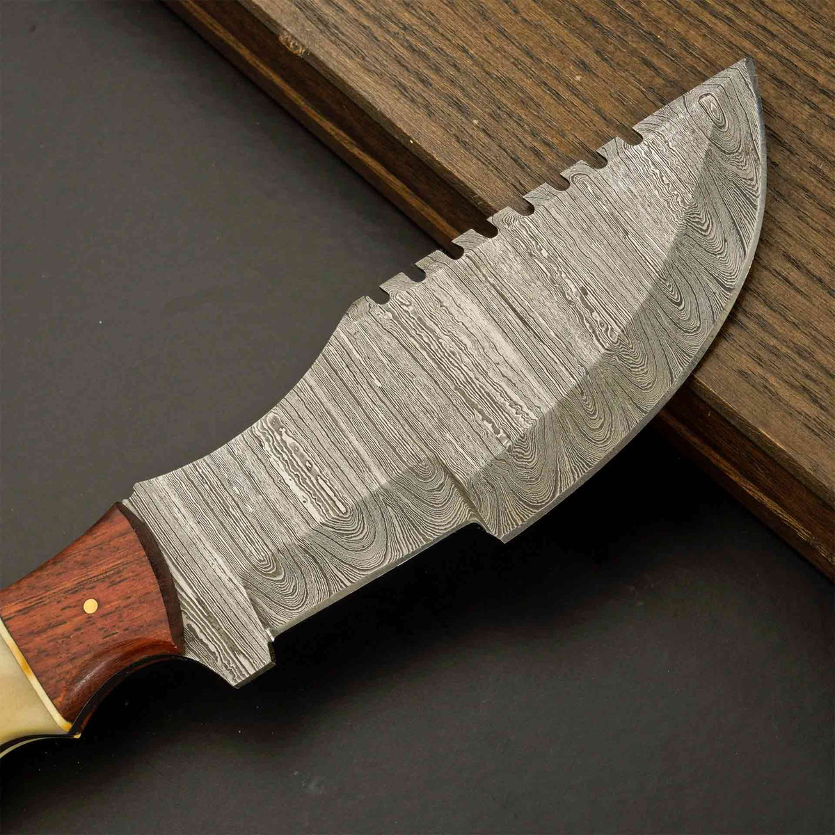 Custom Handcrafted Damascus Steel Tracker Knife – Fixed Blade Hunting & Tactical Knife with Bone/Wood Handle and Mosaic Pins