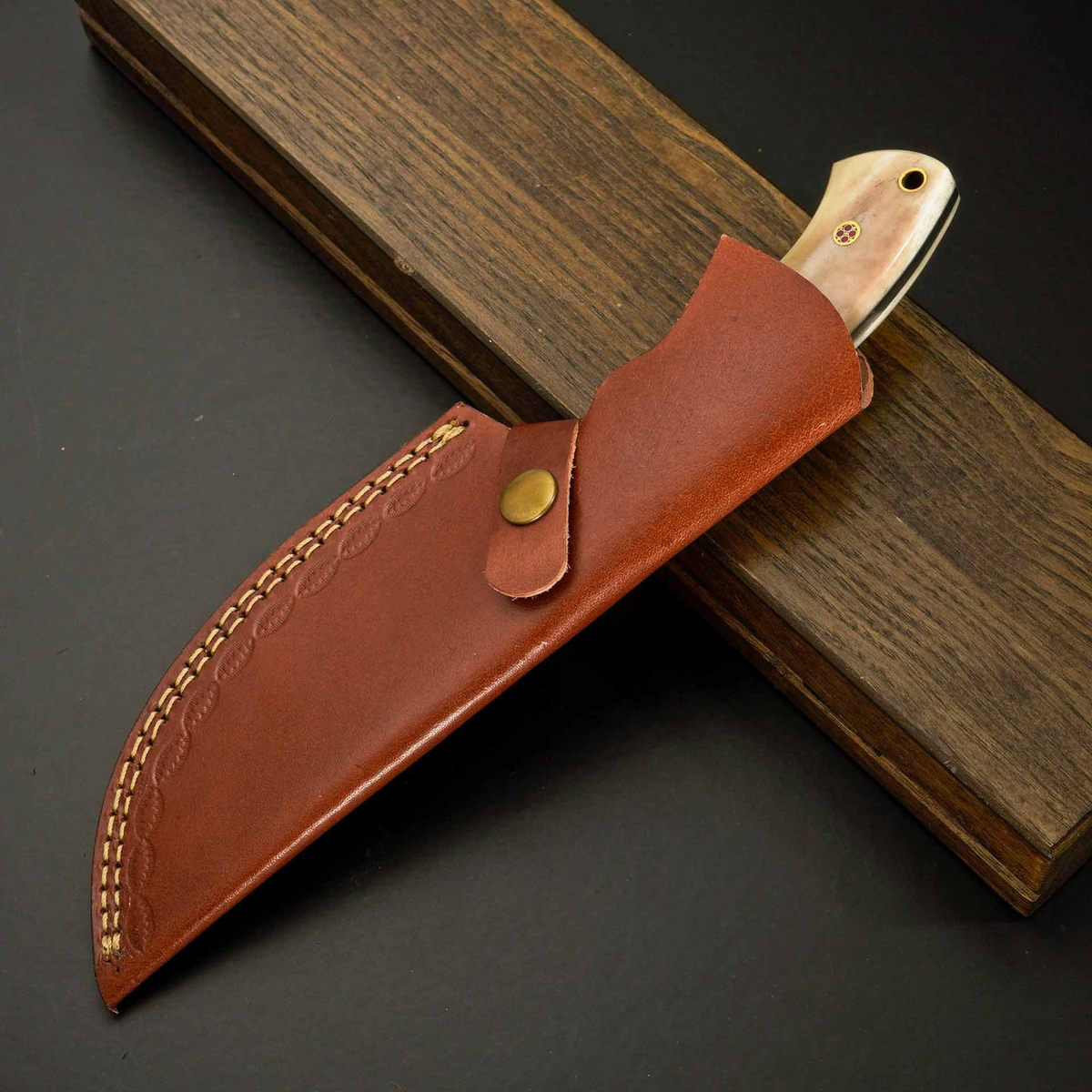 Custom Handcrafted Damascus Steel Tracker Knife – Fixed Blade Hunting & Tactical Knife with Bone/Wood Handle and Mosaic Pins