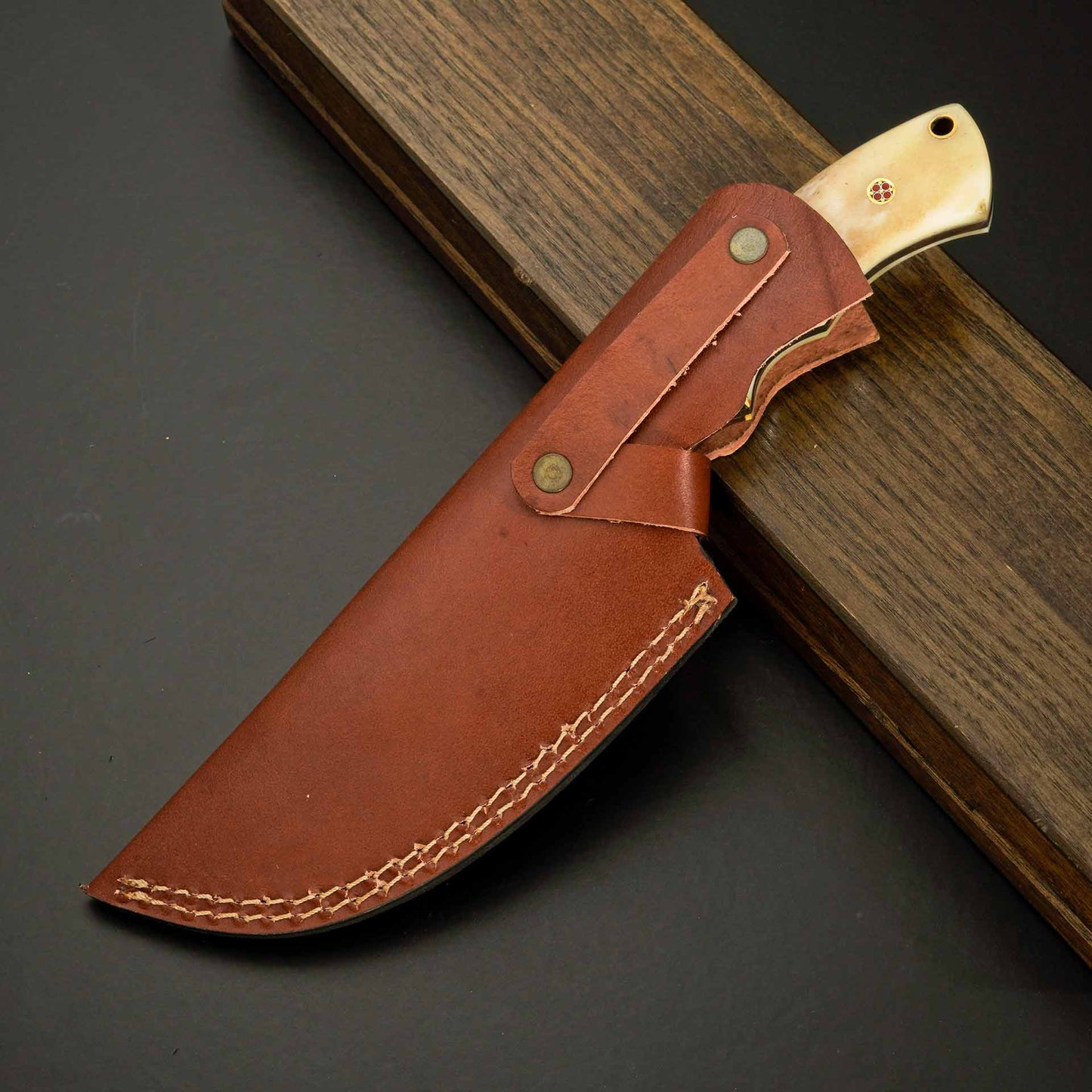 Custom Handcrafted Damascus Steel Tracker Knife – Fixed Blade Hunting & Tactical Knife with Bone/Wood Handle and Mosaic Pins