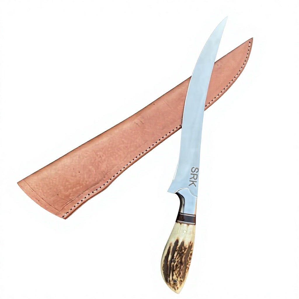 13" Custom Handmade D2 Steel Fillet Knife with Premium Stag Antler Handle & Genuine Leather Sheath – Personalized Name Engraving Available