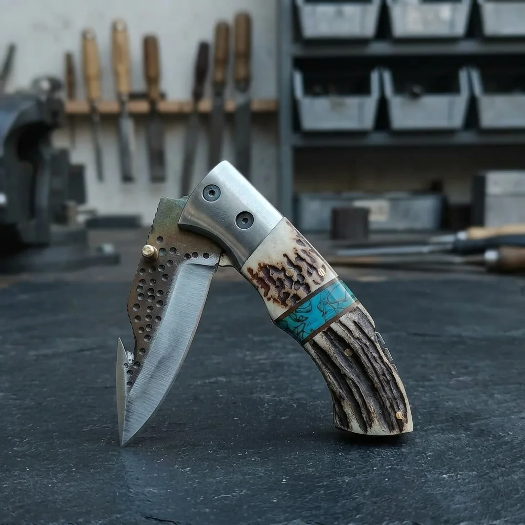 Handmade Custom Folding Pocket Knife – Genuine Stag Antler & Turquoise Inlay Handle