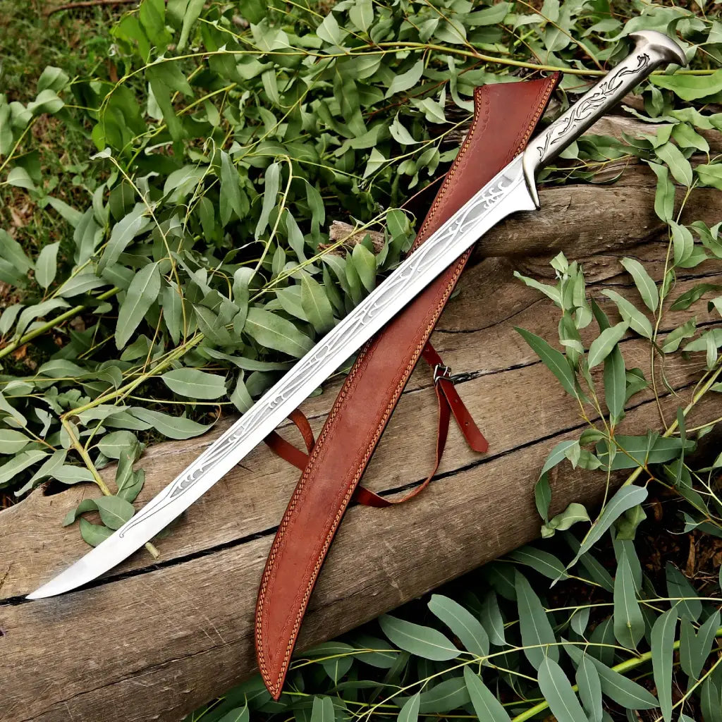 Handmade Fantasy Engraved Sword with Leather Sheath – Decorative Collectible Display Sword