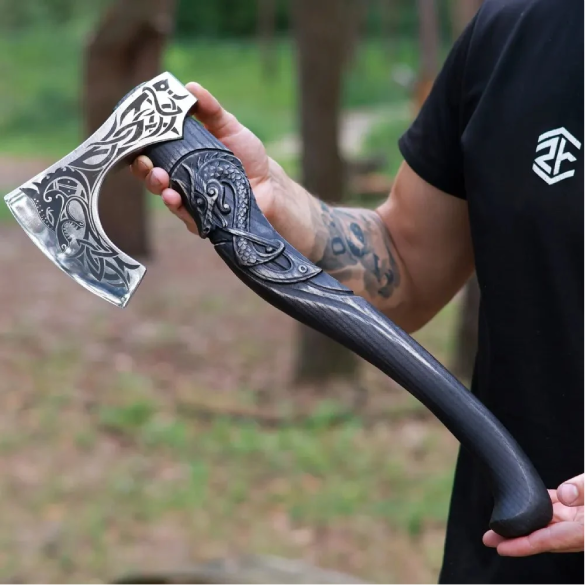 Hand Forged Black Viking Axe, 3D Dragon Carved Wooden Handle, Norse Bearded Hatchet, Custom Groomsmen Gift, Fantasy Cosplay Weapon, Gift for Men