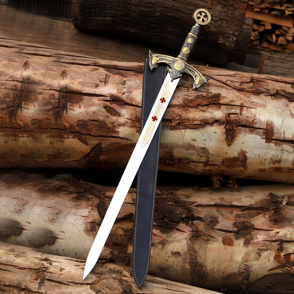 Medieval Knights Templar Sword - Handcrafted Crusader Longsword Replica with Leather Scabbard