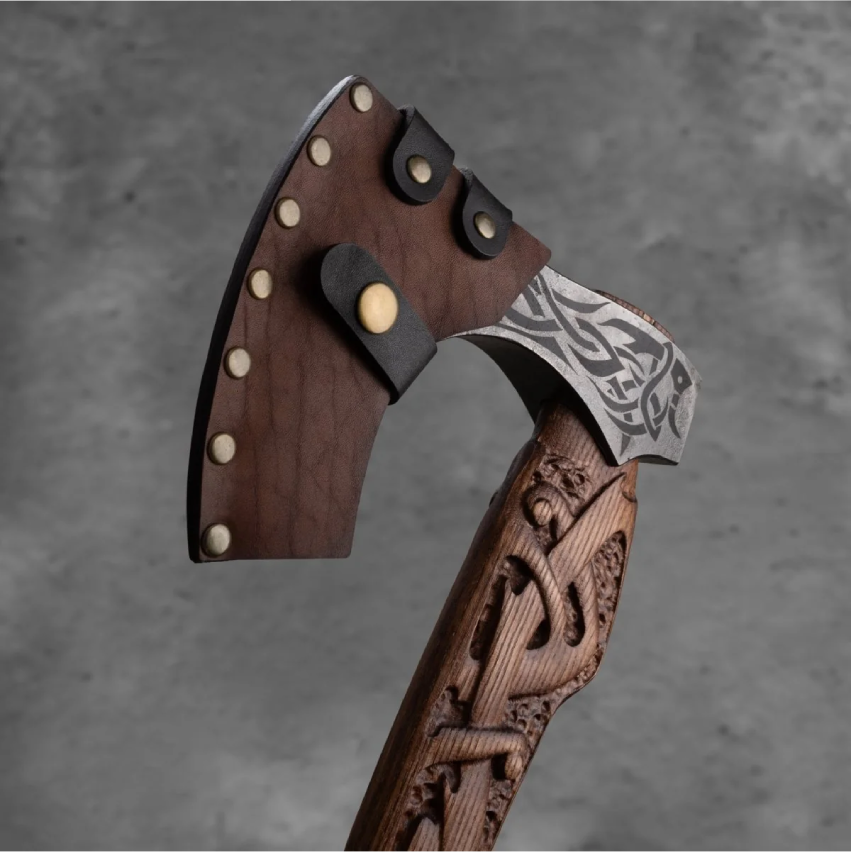 Hand Forged Wolf Viking Axe with Leather Sheath, Custom 3D Carved Norse Bearded Hatchet, Fenrir Wolf Groomsmen Gift, Fantasy Cosplay Medieval Weapon, Gift for Husband