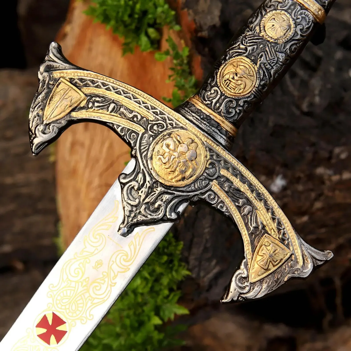 Medieval Knights Templar Sword - Handcrafted Crusader Longsword Replica with Leather Scabbard