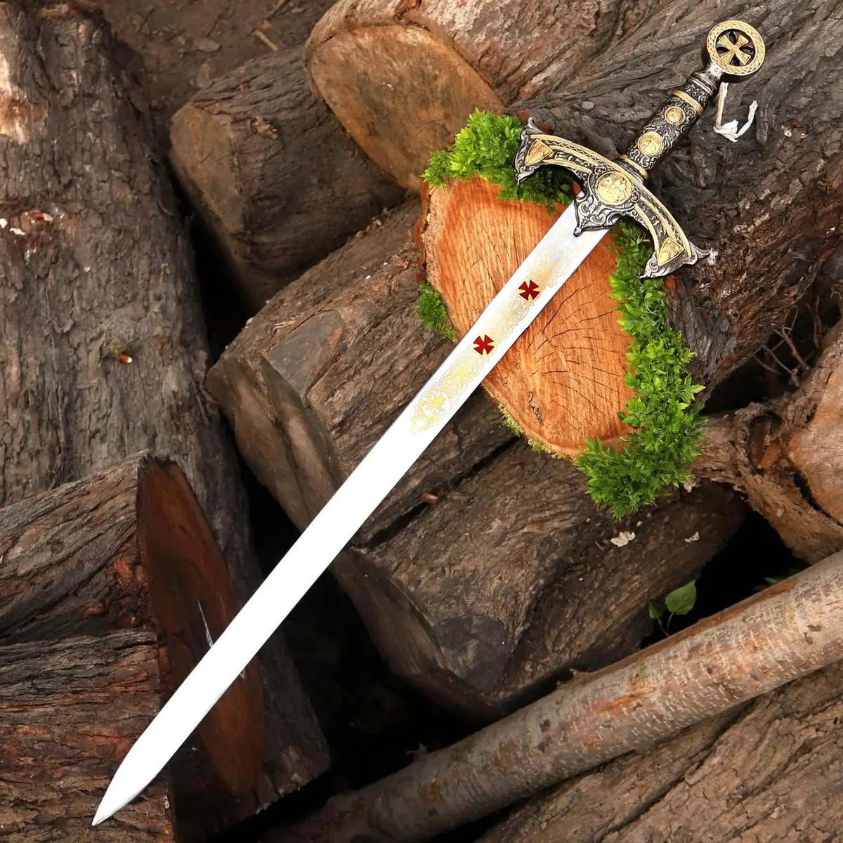 Medieval Knights Templar Sword - Handcrafted Crusader Longsword Replica with Leather Scabbard
