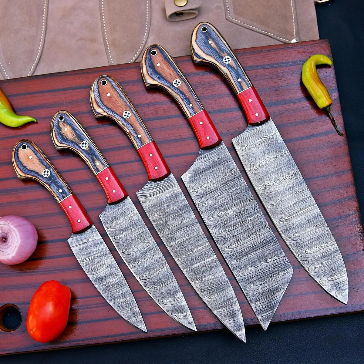 Handmade 5-Piece Damascus Kitchen Knife Set - Professional Chef Knives with Leather Roll Bag