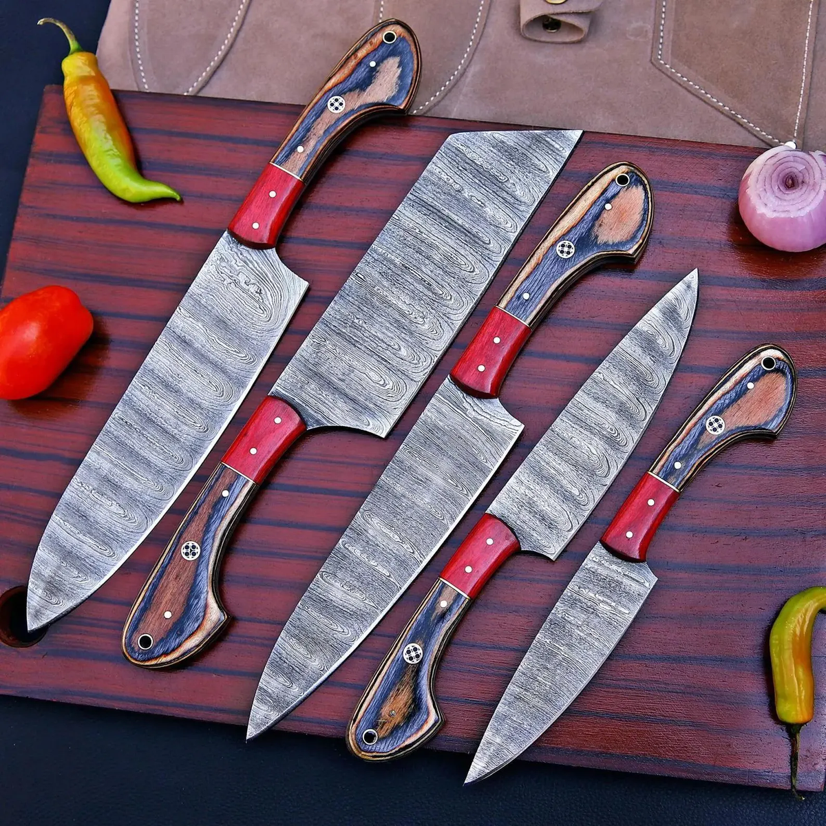 Handmade 5-Piece Damascus Kitchen Knife Set - Professional Chef Knives with Leather Roll Bag