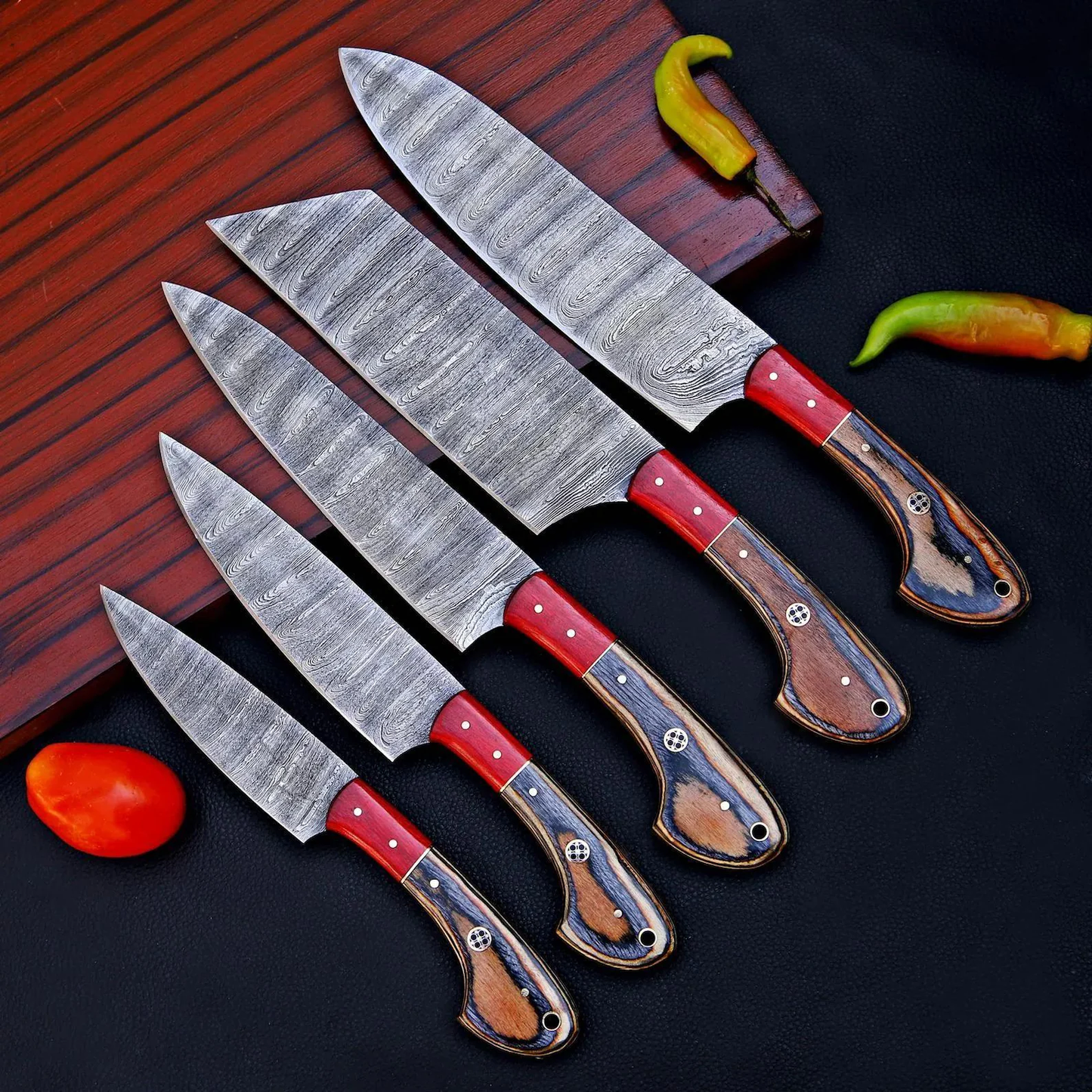 Handmade 5-Piece Damascus Kitchen Knife Set - Professional Chef Knives with Leather Roll Bag