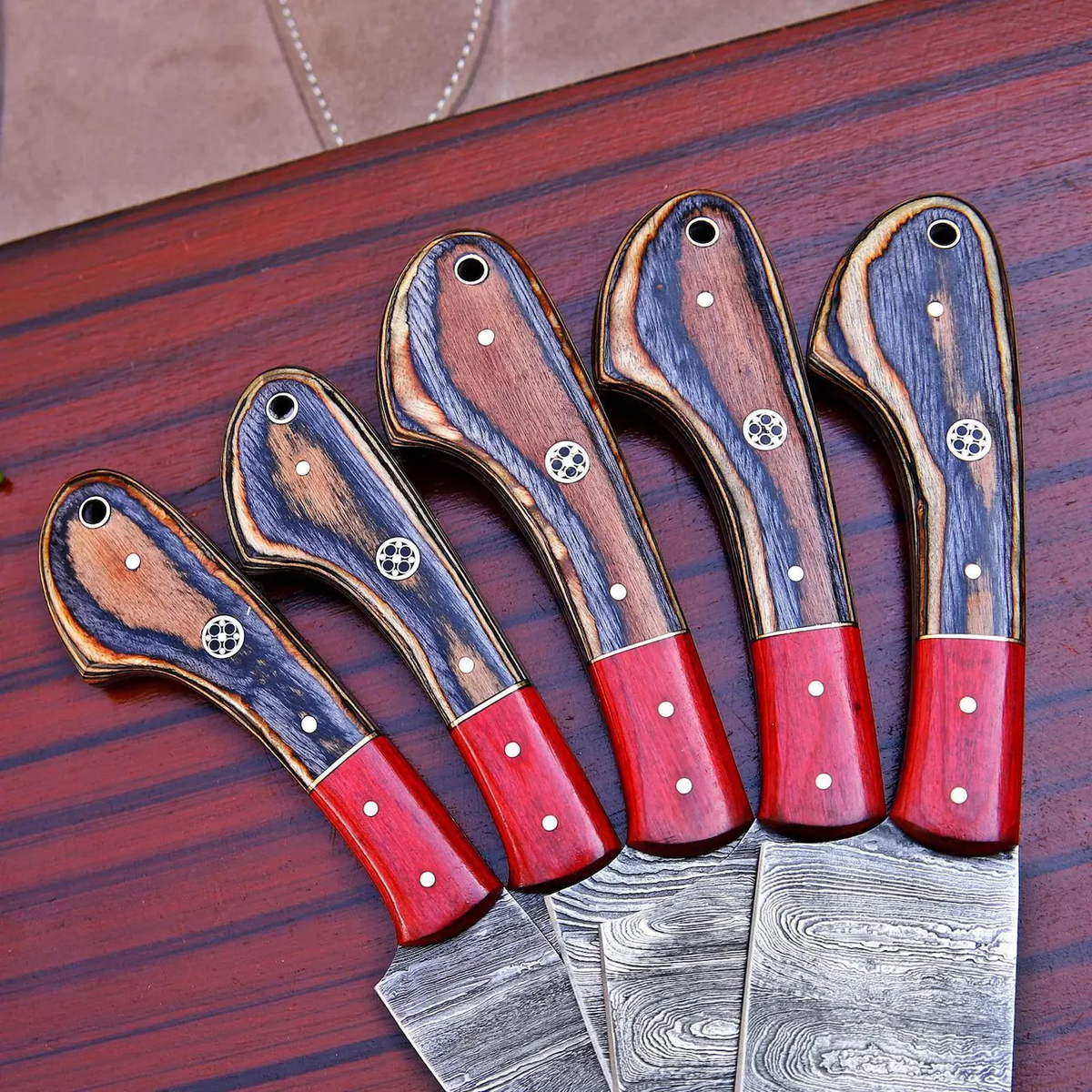 Handmade 5-Piece Damascus Kitchen Knife Set - Professional Chef Knives with Leather Roll Bag