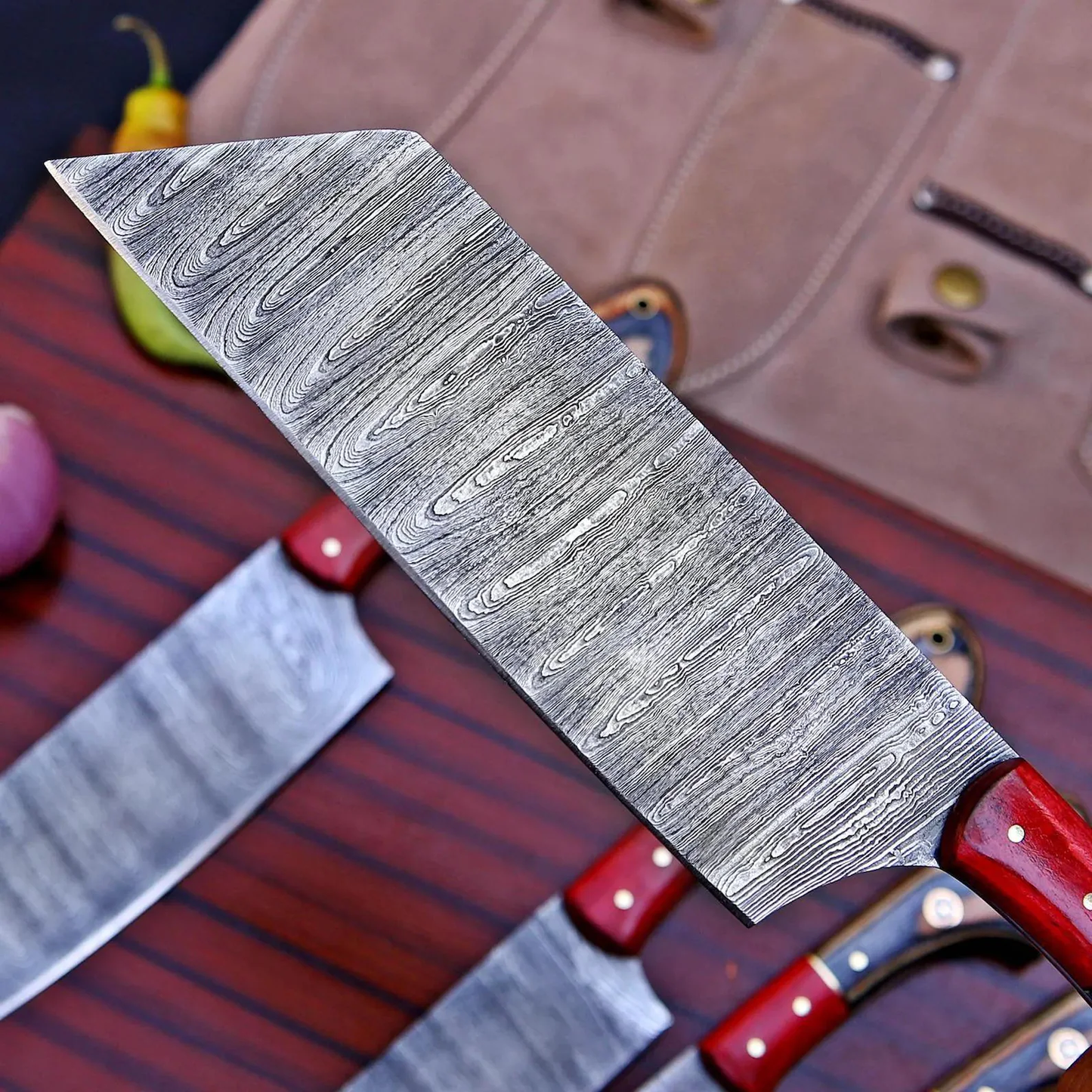 Handmade 5-Piece Damascus Kitchen Knife Set - Professional Chef Knives with Leather Roll Bag
