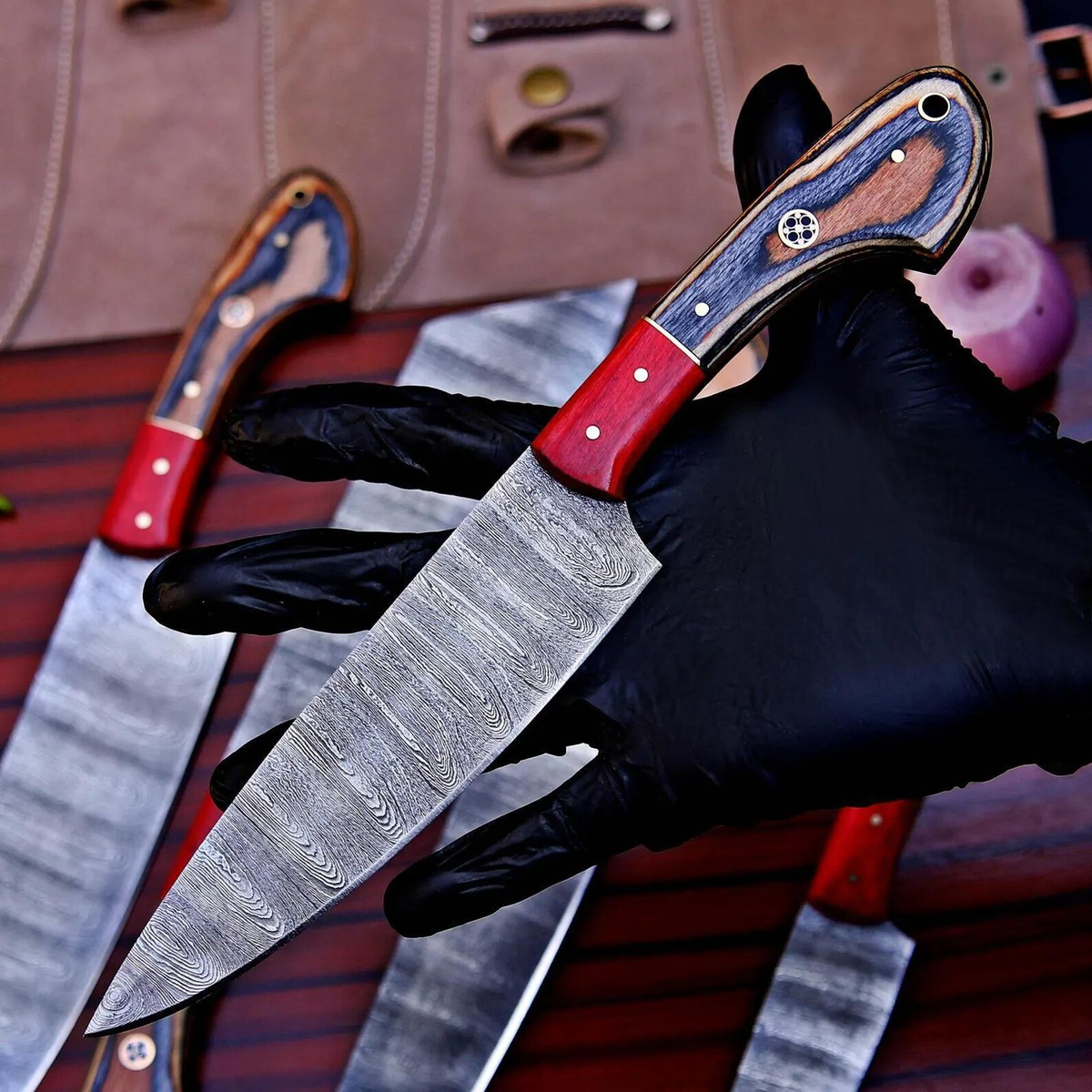 Handmade 5-Piece Damascus Kitchen Knife Set - Professional Chef Knives with Leather Roll Bag