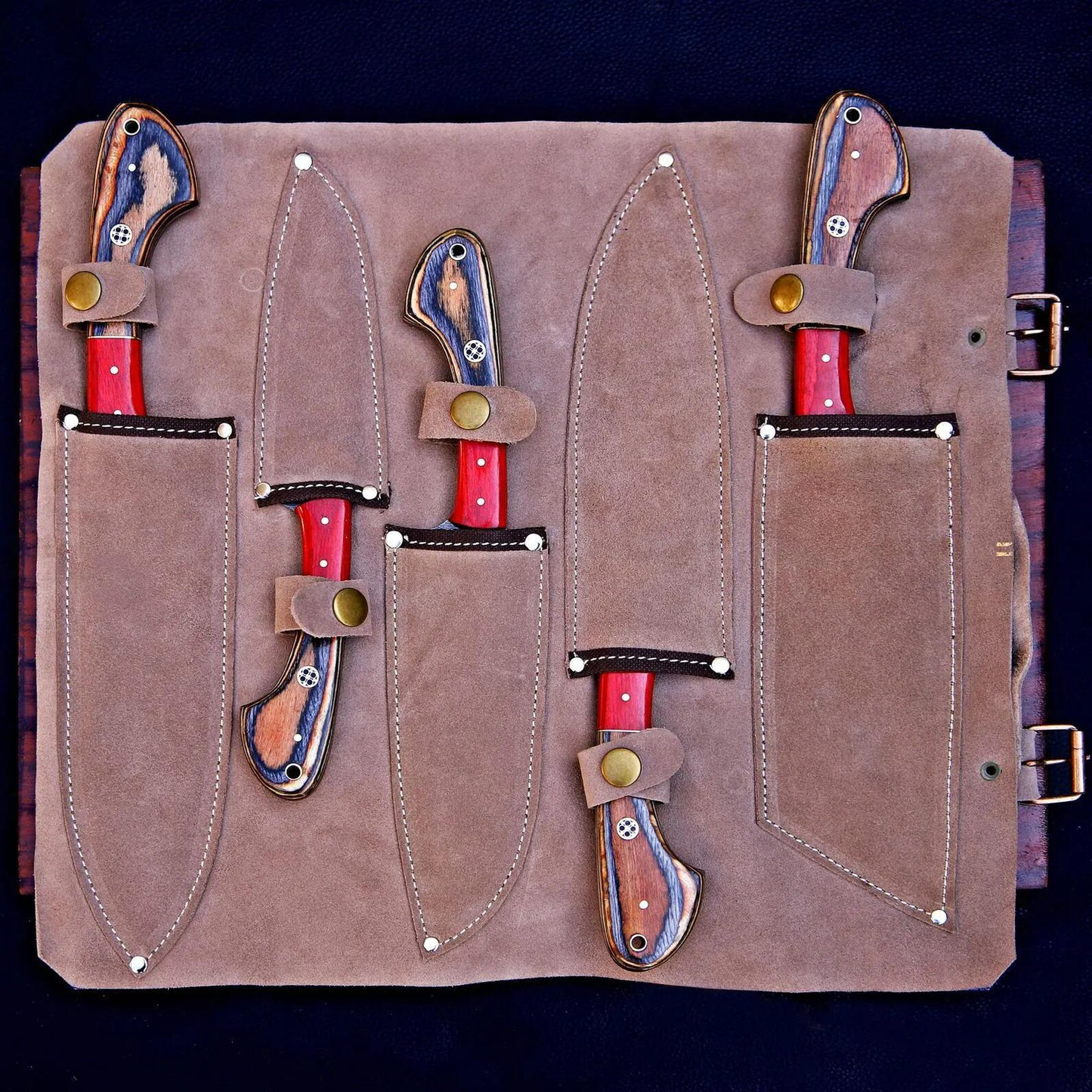 Handmade 5-Piece Damascus Kitchen Knife Set - Professional Chef Knives with Leather Roll Bag