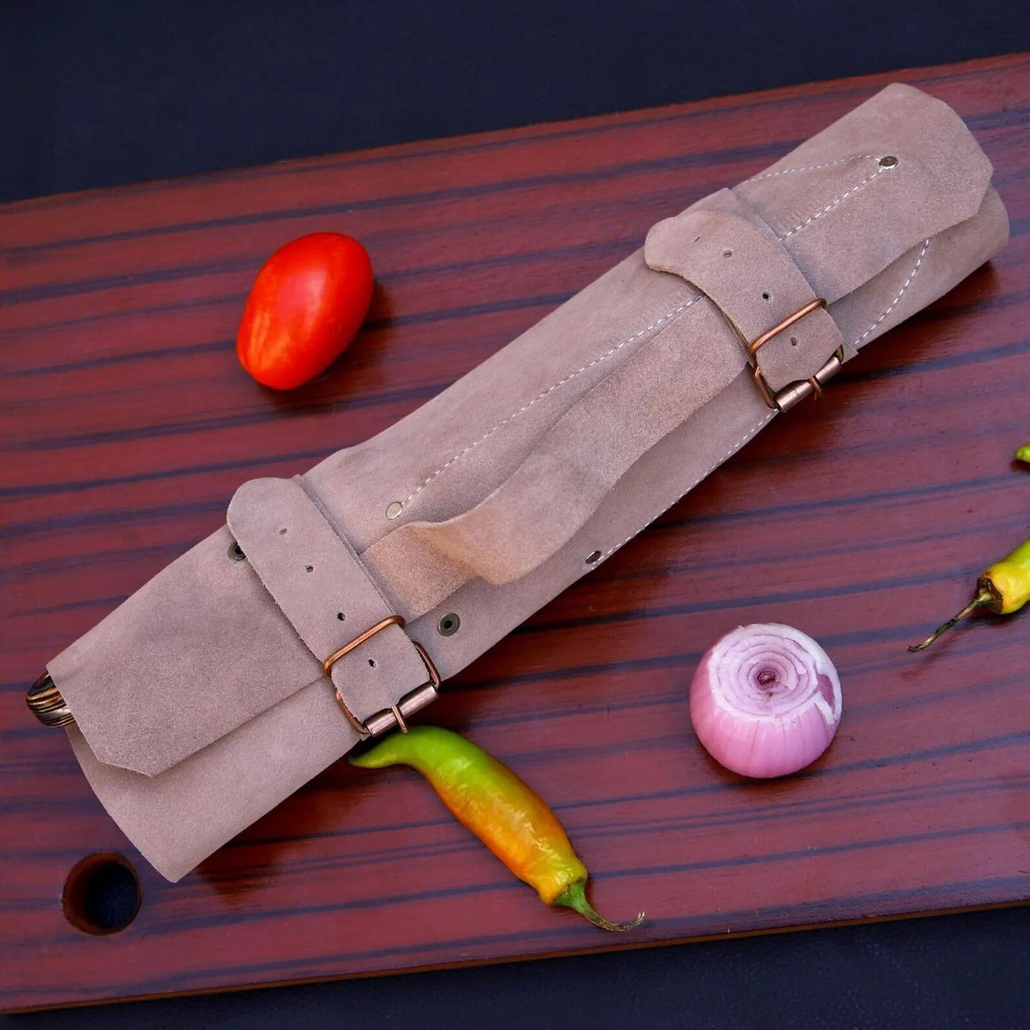Handmade 5-Piece Damascus Kitchen Knife Set - Professional Chef Knives with Leather Roll Bag