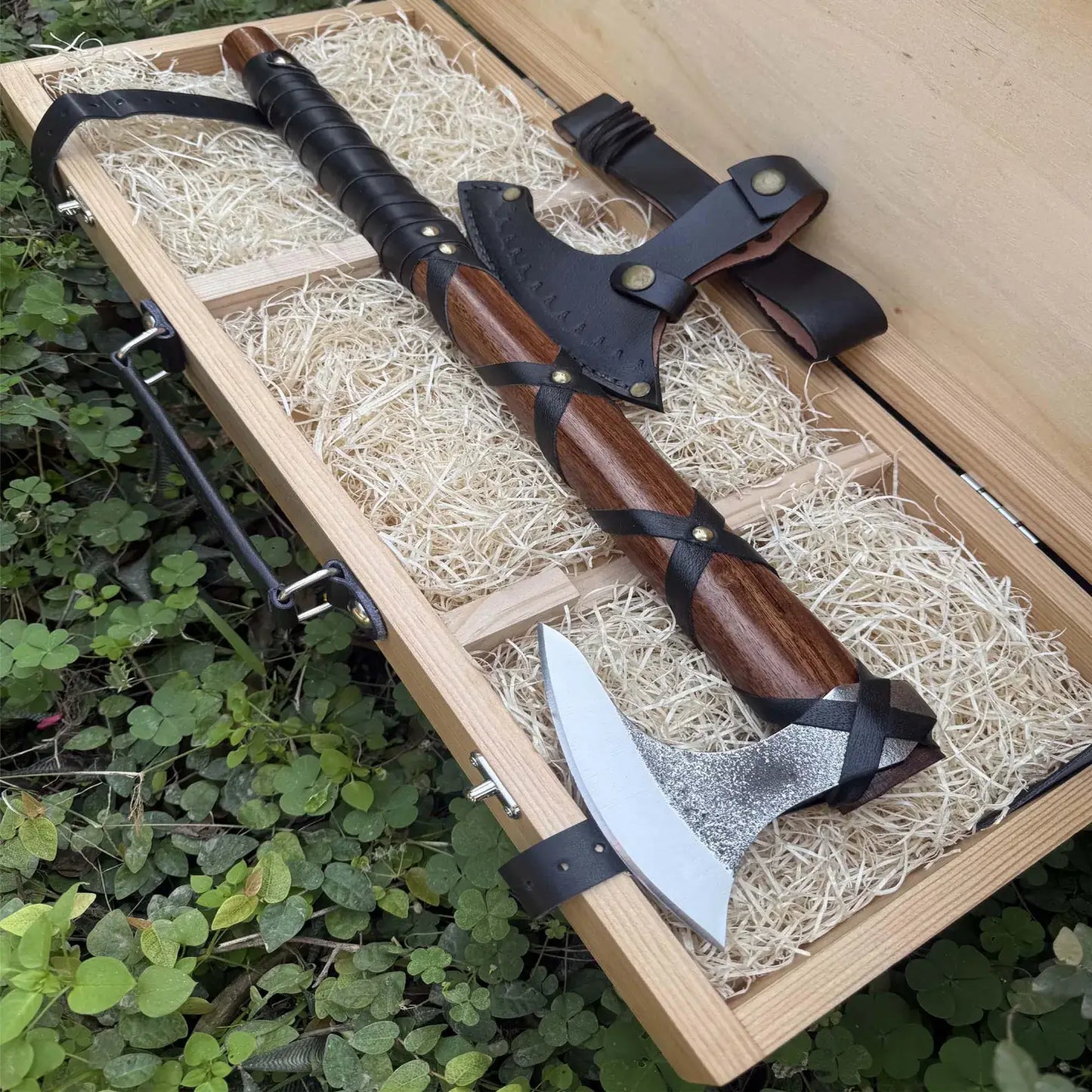 Handmade Viking Axe Set with Leather Sheaths & Wooden Gift Box – Medieval Collectible Axe Set
