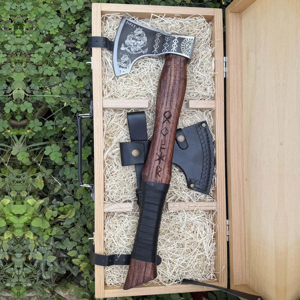 Handmade Viking Axe Set with Leather Sheaths & Wooden Gift Box – Medieval Collectible Axe Set