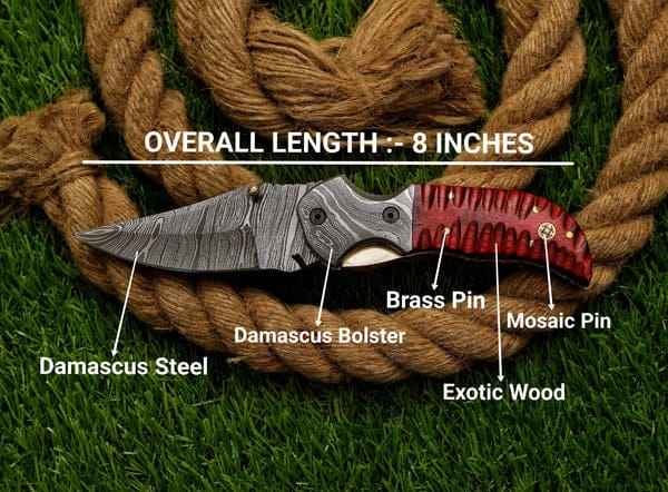 Custom Hand Forged Damascus Steel Folding Pocket Knife | Exotic Red Wood Handle with Mosaic Pin | Premium EDC Hunting Knife with Leather Sheath