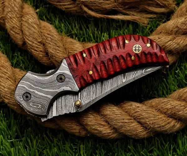 Custom Hand Forged Damascus Steel Folding Pocket Knife | Exotic Red Wood Handle with Mosaic Pin | Premium EDC Hunting Knife with Leather Sheath