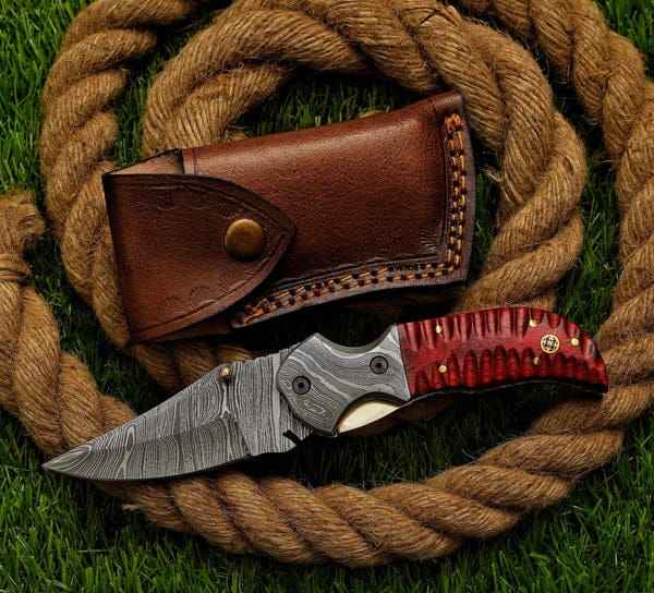 Custom Hand Forged Damascus Steel Folding Pocket Knife | Exotic Red Wood Handle with Mosaic Pin | Premium EDC Hunting Knife with Leather Sheath