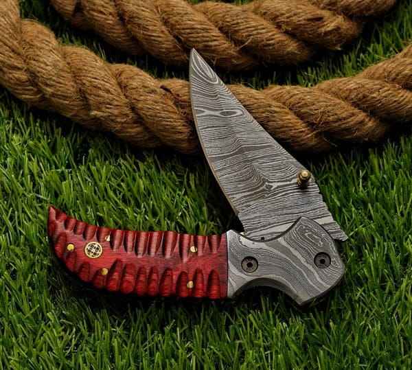 Custom Hand Forged Damascus Steel Folding Pocket Knife | Exotic Red Wood Handle with Mosaic Pin | Premium EDC Hunting Knife with Leather Sheath