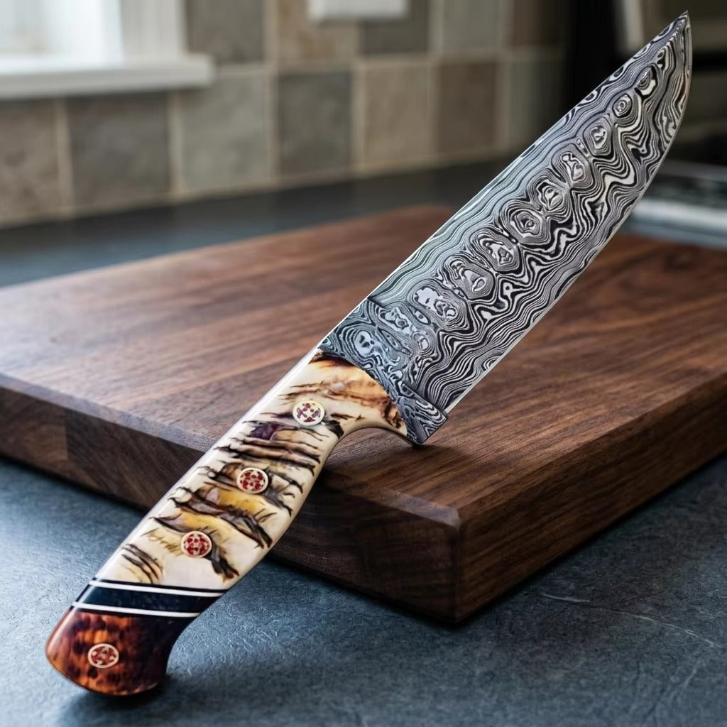 Custom Handmade 11" Damascus Steel Knife - Custom Sheep Horn & wood Handle & Leather Sheath