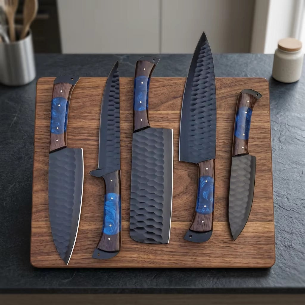 Professional 5-Piece Handcrafted Kitchen Knife Set - Black Powder Coated Blades with Leather Roll Kit
