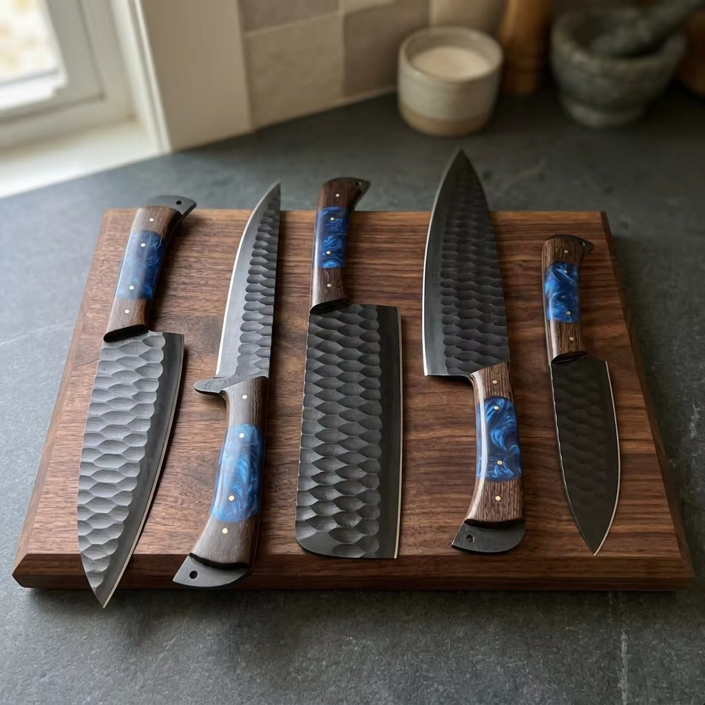 Professional 5-Piece Handcrafted Kitchen Knife Set - Black Powder Coated Blades with Leather Roll Kit