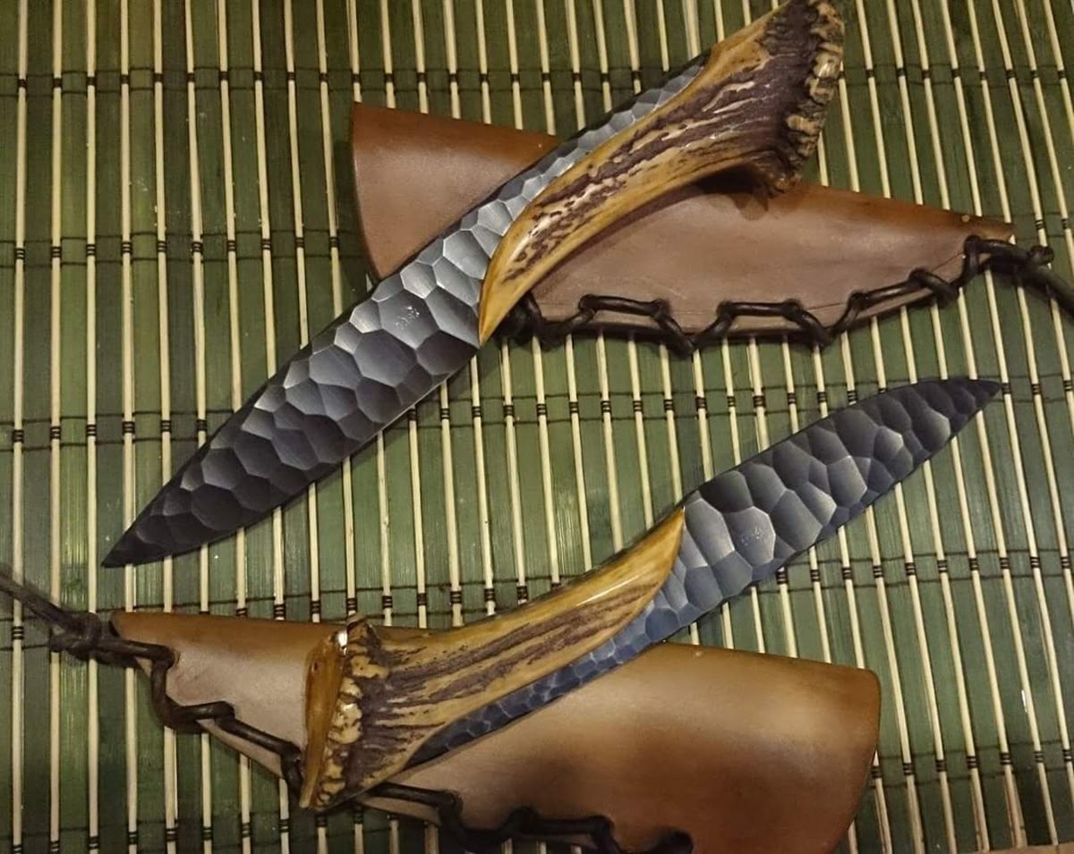 Handmade Forged Steel Knife with Antler Handle & Leather Sheath - Flint Knapped Texture Custom Hunting Knife