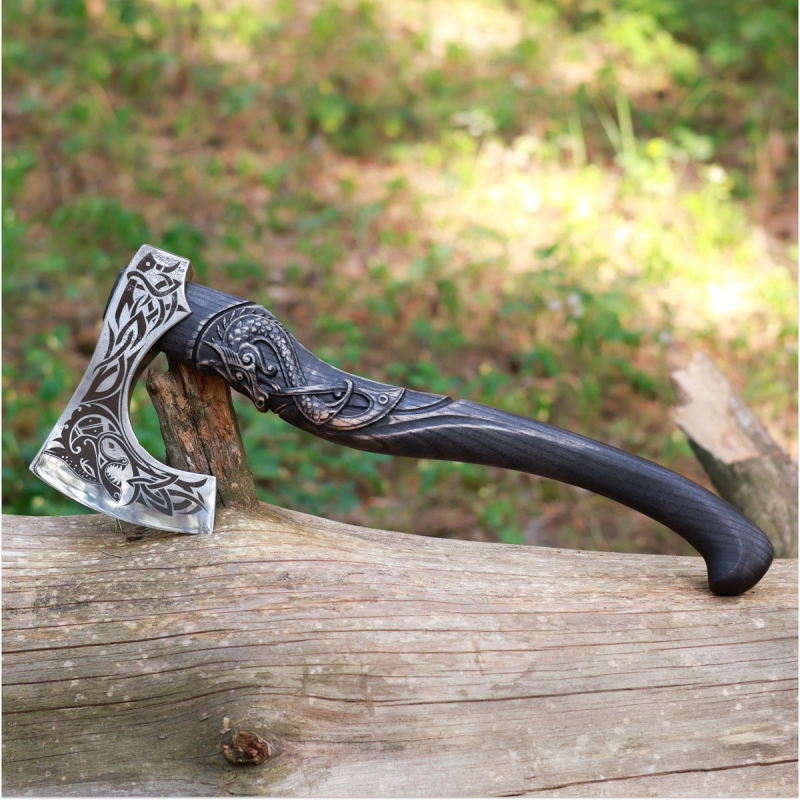 Hand Forged Black Viking Axe, 3D Dragon Carved Wooden Handle, Norse Bearded Hatchet, Custom Groomsmen Gift, Fantasy Cosplay Weapon, Gift for Men