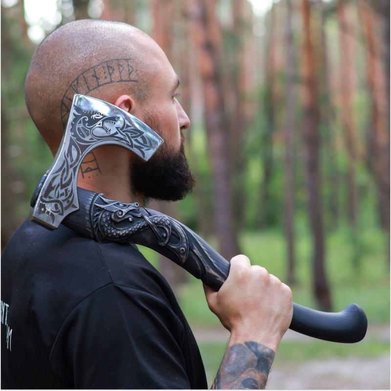 Hand Forged Black Viking Axe, 3D Dragon Carved Wooden Handle, Norse Bearded Hatchet, Custom Groomsmen Gift, Fantasy Cosplay Weapon, Gift for Men