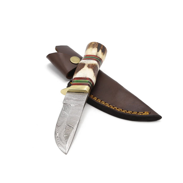 Custom Handmade Damascus Steel Hunting Knife Fixed Blade Skinner Knife with Real Stag Handle, Colored Spacers, Brass Guard & Genuine Leather Sheath for Bushcraft Camping