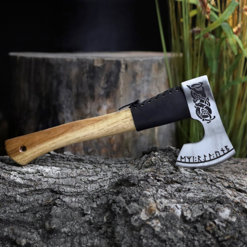 Hand Forged Viking Pocket Axe, Engraved Norse Rune Bearded Hatchet, Custom Celtic Groomsmen Gift, Compact Camping Hunting Tool, Gift for Husband