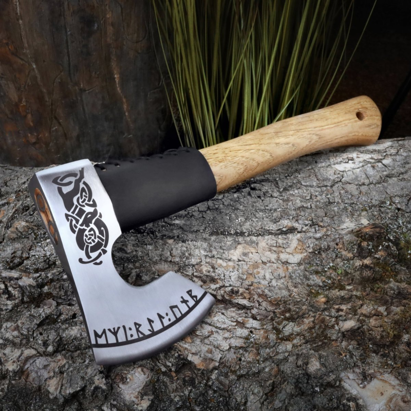 Hand Forged Viking Pocket Axe, Engraved Norse Rune Bearded Hatchet, Custom Celtic Groomsmen Gift, Compact Camping Hunting Tool, Gift for Husband