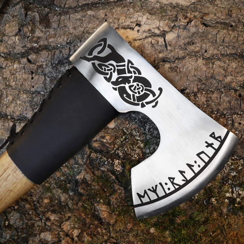 Hand Forged Viking Pocket Axe, Engraved Norse Rune Bearded Hatchet, Custom Celtic Groomsmen Gift, Compact Camping Hunting Tool, Gift for Husband