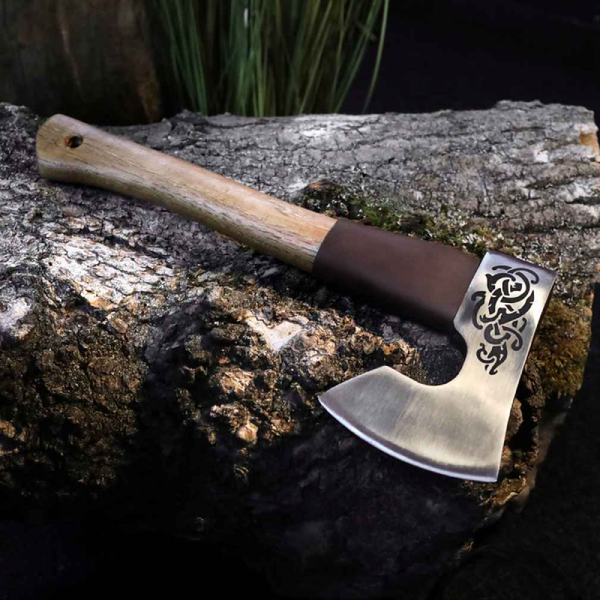 Hand Forged 14" Viking Axe with Leather Collar Wrap, Engraved Celtic Knot Norse Bearded Hatchet, Custom Groomsmen Gift, Lightweight Camping Tool