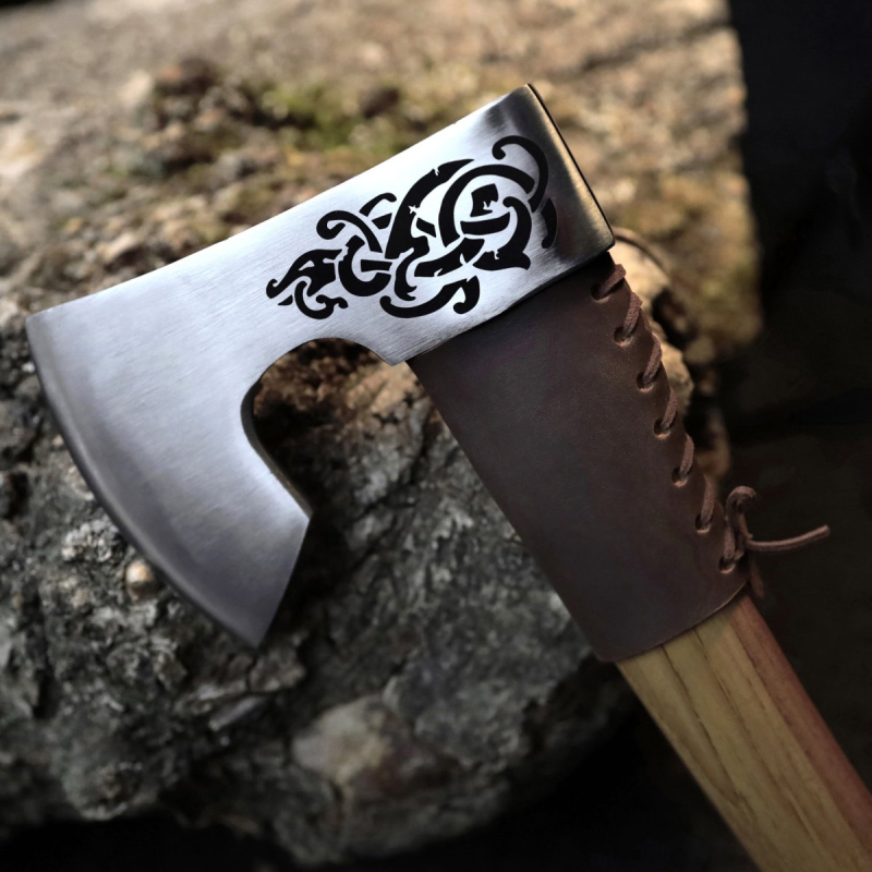 Hand Forged 14" Viking Axe with Leather Collar Wrap, Engraved Celtic Knot Norse Bearded Hatchet, Custom Groomsmen Gift, Lightweight Camping Tool
