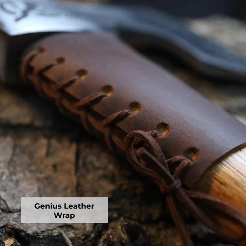 Hand Forged 14" Viking Axe with Leather Collar Wrap, Engraved Celtic Knot Norse Bearded Hatchet, Custom Groomsmen Gift, Lightweight Camping Tool