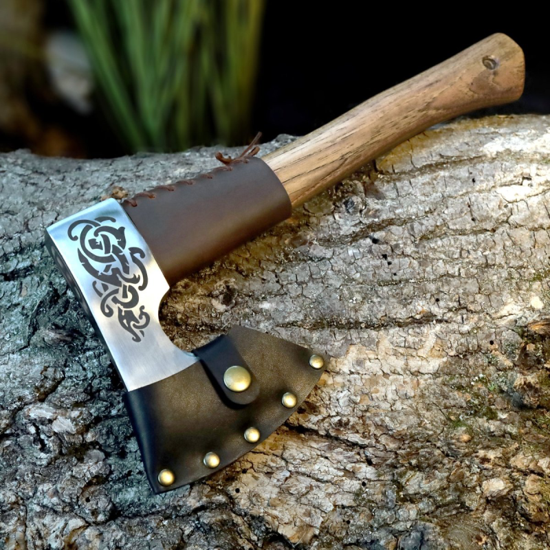 Hand Forged 14" Viking Axe with Leather Collar Wrap, Engraved Celtic Knot Norse Bearded Hatchet, Custom Groomsmen Gift, Lightweight Camping Tool