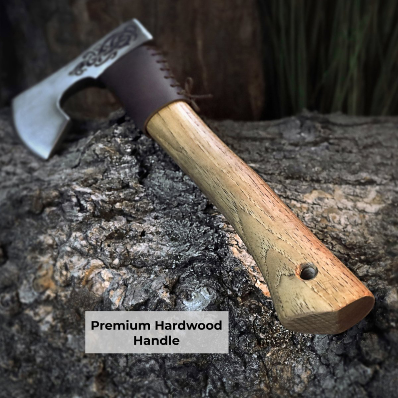 Hand Forged 14" Viking Axe with Leather Collar Wrap, Engraved Celtic Knot Norse Bearded Hatchet, Custom Groomsmen Gift, Lightweight Camping Tool