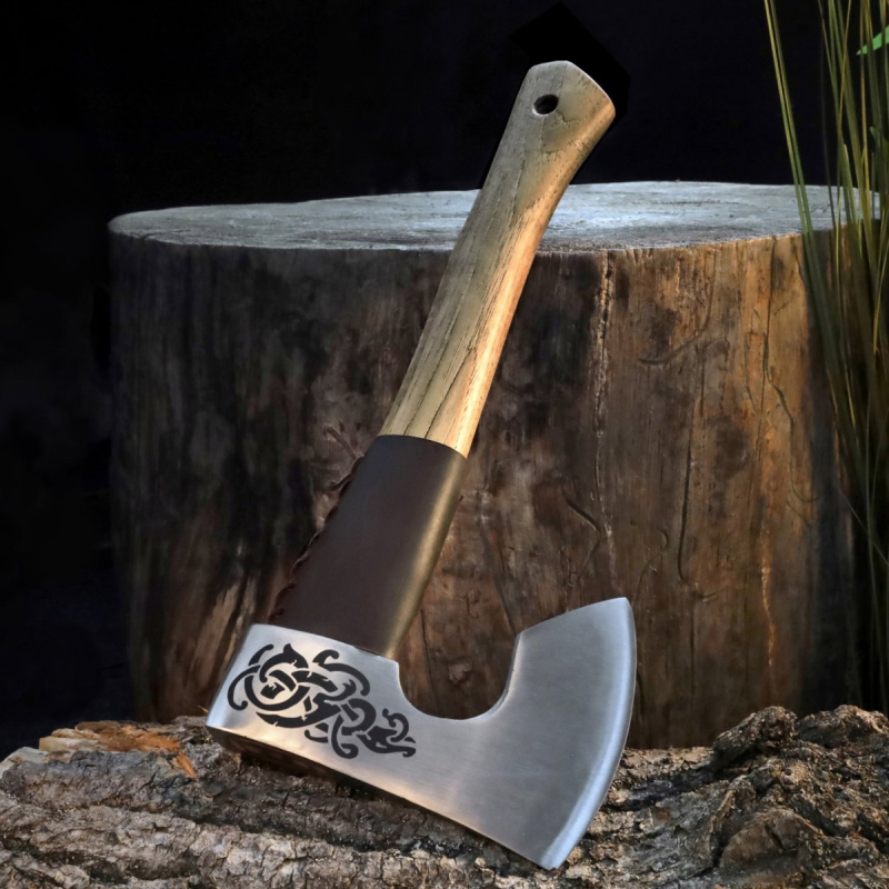 Hand Forged 14" Viking Axe with Leather Collar Wrap, Engraved Celtic Knot Norse Bearded Hatchet, Custom Groomsmen Gift, Lightweight Camping Tool