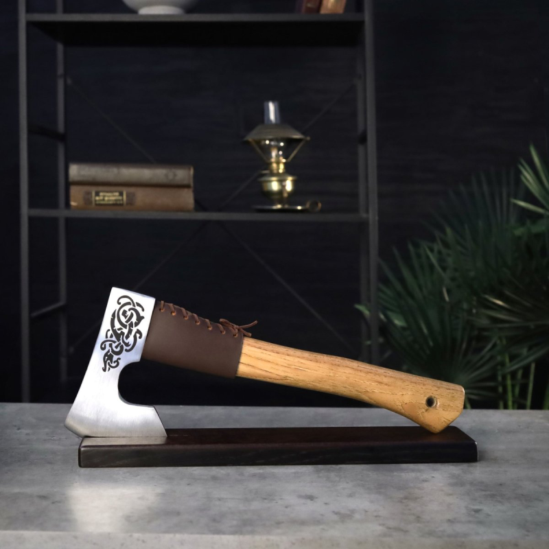 Hand Forged 14" Viking Axe with Leather Collar Wrap, Engraved Celtic Knot Norse Bearded Hatchet, Custom Groomsmen Gift, Lightweight Camping Tool