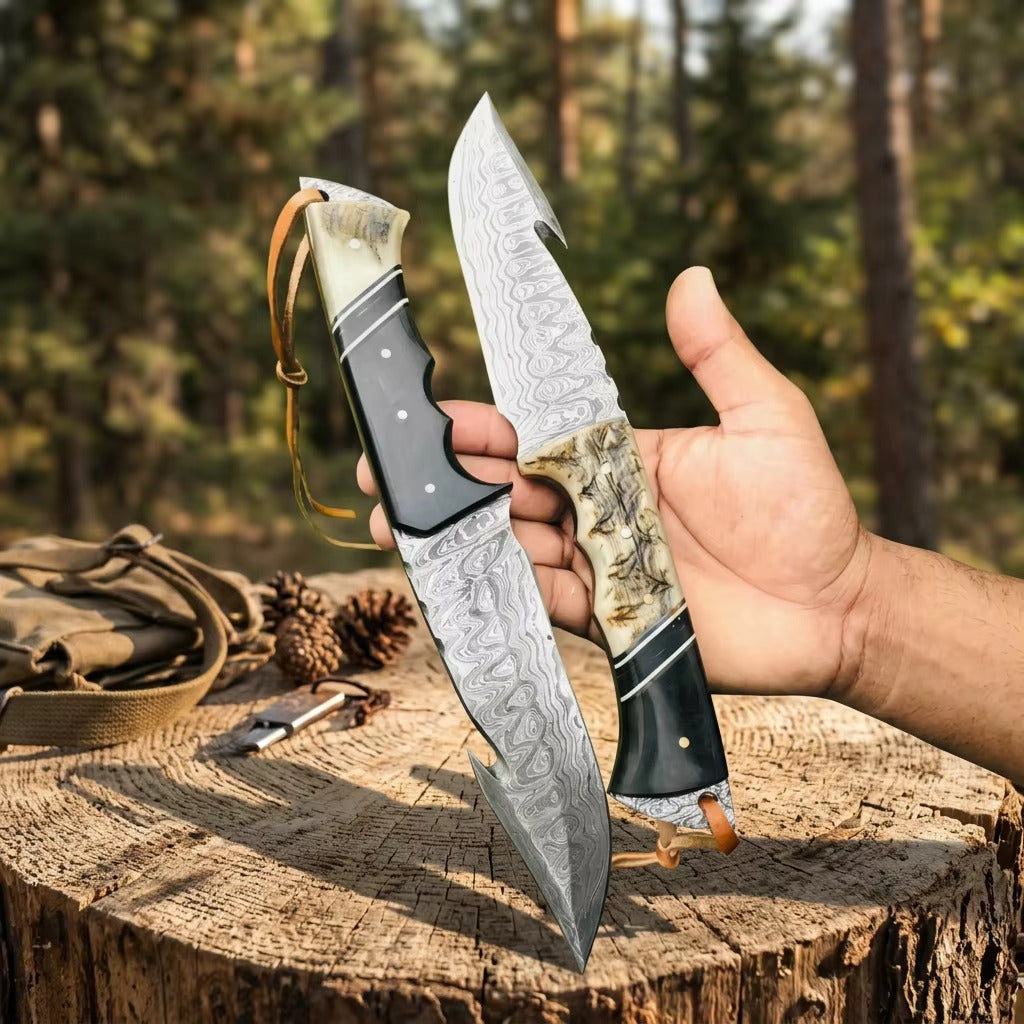 Custom Handmade Damascus Steel Tracker Hunting Knife with Gut Hook – Premium Ram Horn & Buffalo Horn Combo Handle | Outdoor Survival, Skinning & Bushcraft Knife