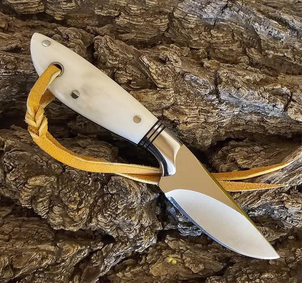 Handmade Mirror-Polished D2 Steel Hunting Knife with Premium Bone Handle & Leather Lanyard With Leather Sheath