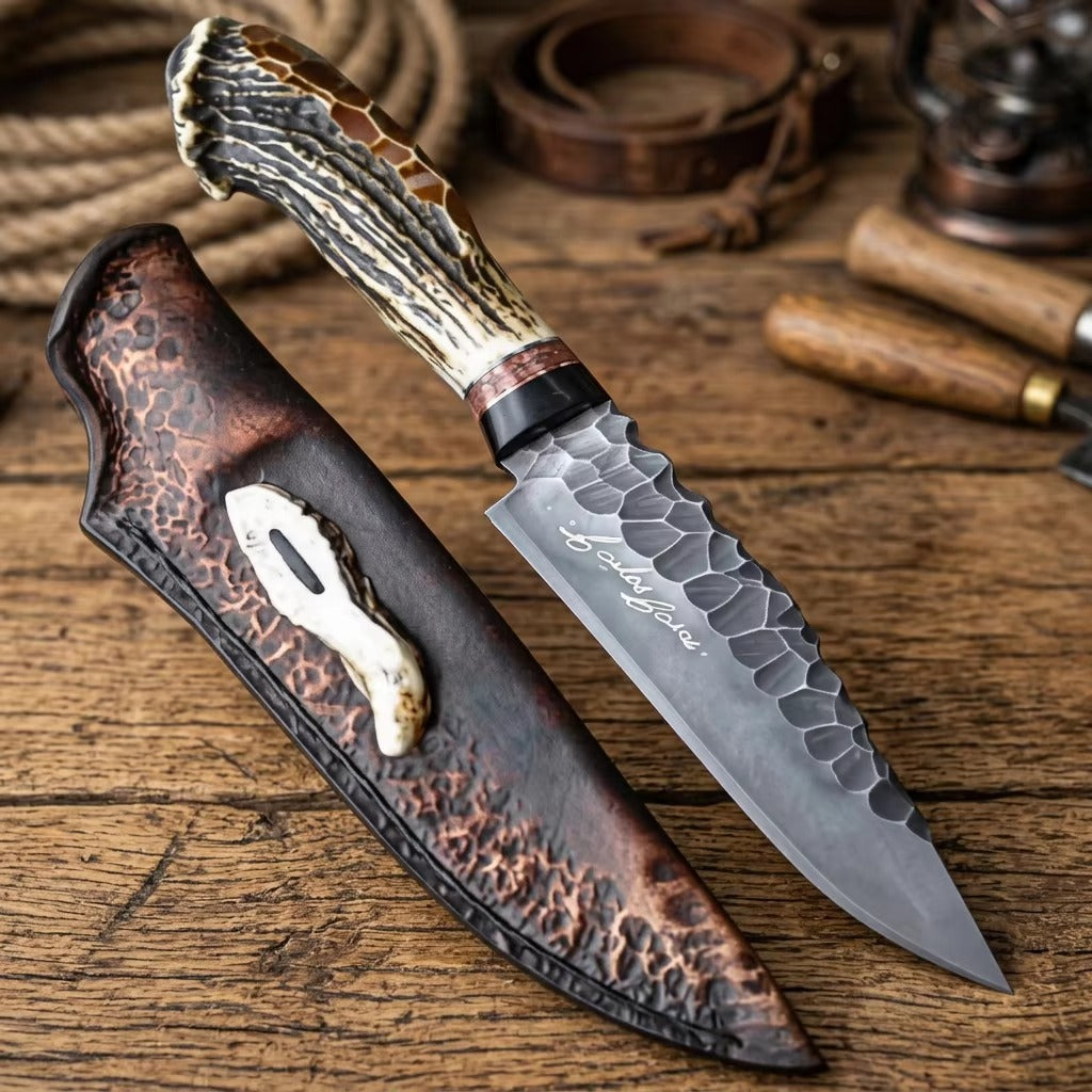 Custom Hand-Forged Carbon Steel&nbsp; Hunting Knife – Hammered Finish with Premium Stag Antler Handle &amp; Leather Sheath