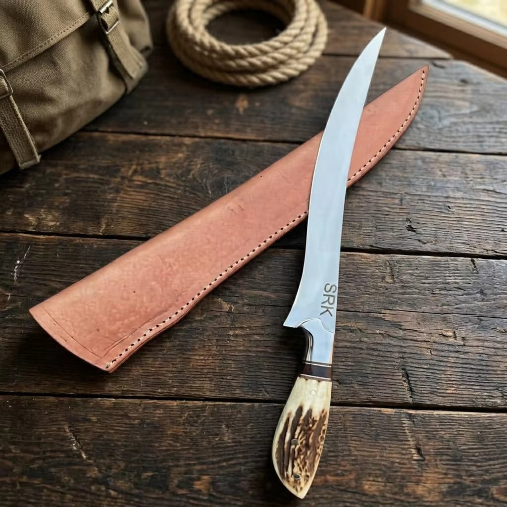 13" Custom Handmade D2 Steel Fillet Knife with Premium Stag Antler Handle & Genuine Leather Sheath – Personalized Name Engraving Available